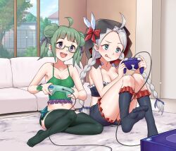 Rule 34 | 2girls, ahoge, alternate costume, blue pajamas, braid, breasts, commentary, controller, double bun, english commentary, fire emblem, fire emblem fates, game console, game controller, gamecube, green pajamas, hair bun, highres, igni tion, kneehighs, low twin braids, medium breasts, midori (fire emblem), multiple girls, nina (fire emblem), nintendo, pajamas, playing games, shorts, socks, thighhighs, twin braids