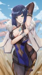 Rule 34 | 1girl, arm up, armpits, black gloves, blue dress, blue hair, blue sky, bob cut, bracelet, breasts, cleavage, covered navel, diagonal bangs, dice, dress, elbow gloves, fur-trimmed jacket, fur trim, genshin impact, gloves, green eyes, highres, jacket, jacket on shoulders, jewelry, large breasts, looking at viewer, mole, mole on armpit, mole on breast, nyu aro, open mouth, outdoors, presenting armpit, signature, single elbow glove, skindentation, sky, sleeveless, sleeveless dress, smile, solo, sweat, white jacket, yelan (genshin impact)