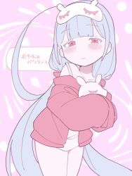 Rule 34 | 1girl, ahoge, blunt bangs, blush, bow, camisole, closed mouth, colored eyelashes, commentary, creature, grey hair, hair bow, half-closed eyes, highres, holding, holding creature, huge ahoge, jacket, long hair, long sleeves, looking at viewer, low twintails, mask, mask on head, multiple hair bows, no pants, off shoulder, okepi, open clothes, open jacket, oyasumi paralysis (vocaloid), pink background, raised eyebrows, red bow, red jacket, sleep mask, sleeves past fingers, sleeves past wrists, solo, song name, spaghetti strap, strap slip, twintails, very long hair, vocaloid, white camisole