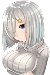 Rule 34 | 10s, 1girl, alternate costume, blue eyes, blush, breast hold, breasts, crossed arms, female focus, hair ornament, hair over one eye, hairclip, hamakaze (kancolle), kantai collection, large breasts, looking at viewer, short hair, simple background, sin (kami148), solo, sweater, white background, white hair