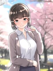 Rule 34 | 1girl, alternate costume, black hair, blunt bangs, blurry, blurry background, brown eyes, cherry blossoms, collared shirt, dress shirt, furaggu (frag 0416), grey jacket, highres, jacket, kantai collection, myoukou (kancolle), shirt, short hair, solo, thick eyebrows, tree, upper body, white shirt