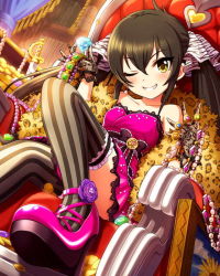 Rule 34 | 10s, 1girl, artist request, black hair, dress, earrings, feather boa, gloves, hair ribbon, idolmaster, idolmaster cinderella girls, jewelry, matoba risa, necklace, official art, one eye closed, ribbon, ring, solo, strapless, strapless dress, striped clothes, striped thighhighs, thighhighs, twintails, yellow eyes