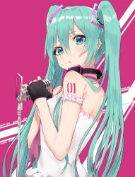 Rule 34 | 1girl, applepie (12711019), aqua eyes, aqua hair, black gloves, character name, earrings, fingerless gloves, from side, gloves, hair between eyes, hand on own chest, hatsune miku, highres, jewelry, long hair, microphone, microphone stand, number tattoo, open mouth, pink background, sidelocks, solo, tattoo, twintails, upper body, vocaloid