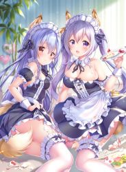 Rule 34 | 2girls, alternate costume, animal ears, aoba chise, aoba project, aoba rena, apron, bare shoulders, black dress, blue hair, breasts, cake, cake slice, cleavage, cream, detached sleeves, dress, enmaided, food, fox ears, fox tail, frilled dress, frills, kemonomimi mode, large breasts, bridal garter, long hair, looking at viewer, maid, maid apron, maid headdress, multiple girls, open mouth, purple eyes, red eyes, sakura moyon, silver hair, sitting, smile, spoon, tail, thighs, tray, twintails