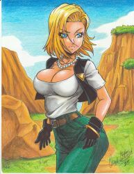 Rule 34 | 1girl, 2018, android 18, artist name, ass, belt, black gloves, black vest, blonde hair, breasts, cleavage, cowboy shot, cropped vest, day, dragon ball, dragonball z, female focus, gloves, green pants, jewelry, large breasts, looking to the side, necklace, outdoors, pants, ravernclouk design, shirt, short hair, sky, solo, standing, traditional media, vest, white shirt
