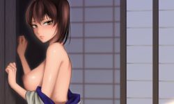Rule 34 | 10s, 1girl, architecture, bare shoulders, blush, breasts, brown eyes, brown hair, censored, commentary request, east asian architecture, from side, japanese clothes, kaga (kancolle), kantai collection, kimono, large breasts, looking at viewer, no bra, open clothes, open kimono, open mouth, shoukaki (earthean), side ponytail, solo