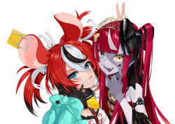 Rule 34 | 2girls, absurdres, animal ears, armband, black hair, blue eyes, blunt bangs, bow, breasts, dice hair ornament, fangs, gloves, hair between eyes, hair ornament, hakos baelz, heart, heterochromia, highres, hololive, hololive english, hololive indonesia, kureiji ollie, long hair, looking at viewer, mk (lazymk), mouse ears, mouse girl, multicolored hair, multiple girls, open mouth, red hair, sharp teeth, simple background, streaked hair, teeth, tongue, tongue out, upper body, virtual youtuber, white background, white hair, yellow eyes, zombie