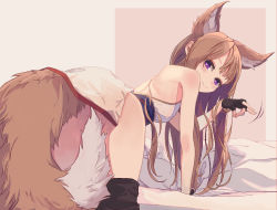 Rule 34 | 1girl, all fours, animal ear fluff, animal ears, arm up, ass, bare back, bare shoulders, black gloves, black thighhighs, brown hair, dress, fingerless gloves, fox shadow puppet, fox tail, from behind, gloves, highres, long hair, looking back, maronmokaet, original, purple eyes, shadow puppet, sleeveless, sleeveless dress, smile, solo, tail, thighhighs, thighs, white dress