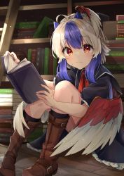 Rule 34 | 1girl, ahoge, bird wings, blue hair, book, book stack, bookshelf, boots, brown footwear, feathered wings, gunsou1350, head wings, highres, holding, holding book, horns, indoors, knees together feet apart, library, light particles, light smile, looking at viewer, multicolored hair, open book, petticoat, puffy short sleeves, puffy sleeves, reading, red wings, short sleeves, single head wing, single wing, sitting, skirt, solo, sweat, tokiko (touhou), touhou, two-tone hair, wings