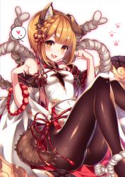 Rule 34 | 1girl, :3, :d, animal ears, bad id, bad pixiv id, bare shoulders, black pantyhose, blonde hair, blush, breasts, chromatic aberration, clenched hands, dog, dog ears, dog tail, erune, from side, granblue fantasy, heart, highres, homaderi, japanese clothes, looking at viewer, open mouth, pantyhose, paw pose, paw print, rope, shimenawa, short hair, sitting, small breasts, smile, solo, spoken heart, tail, vajra (granblue fantasy)