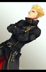 Rule 34 | 1boy, black jacket, blonde hair, coat, crossed arms, dutch angle, earrings, fate/grand order, fate (series), gilgamesh (fate), gilgamesh (gilgamesh in ny) (fate), hair up, high collar, jacket, jewelry, letterboxed, long coat, male focus, nishiyama (whatsoy), official alternate costume, red eyes, smile, solo, trench coat
