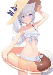 Rule 34 | 1girl, :o, absurdres, animal ears, bikini, breasts, bug, butterfly, doughnut, flat chest, food, hat, highres, innertube, insect, mikisai, navel, original, ponytail, purple eyes, small breasts, solo, straw hat, swim ring, swimsuit, tail, white background, white bikini, white hair
