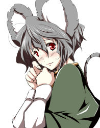 Rule 34 | 1girl, animal ears, blush, dearmybrothers, female focus, grey hair, highres, mouse ears, mouse tail, nazrin, red eyes, simple background, solo, tail, touhou, upper body, white background