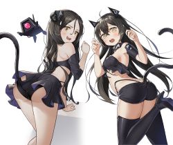Rule 34 | 2girls, :o, @ @, aliceblue, animal ears, ass, back, bare shoulders, bent over, black dress, black footwear, black hair, black panties, black shorts, blush, boots, breasts, butt crack, cat ears, cat tail, cerberus (girls&#039; frontline), choker, clothing cutout, crop top, crop top overhang, detached sleeves, dinergate (girls&#039; frontline), dreamer (girls&#039; frontline), dress, girls&#039; frontline, hair between eyes, hand up, hands up, headgear, high heel boots, high heels, highres, judge (girls&#039; frontline), leg up, long hair, looking at viewer, looking back, medium breasts, multiple girls, open mouth, panties, revealing clothes, sangvis ferri, short shorts, shorts, shoulder blades, sidelocks, simple background, standing, sweatdrop, tail, tail through clothes, tearing up, thigh boots, thighhighs, thighs, twintails, underwear, white background, yellow eyes
