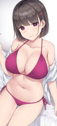 Rule 34 | 1girl, absurdres, bare shoulders, bed sheet, bikini, blush, breasts, brown hair, closed mouth, collarbone, hair ornament, hairclip, highres, large breasts, long hair, mizunashi kenichi, navel, off shoulder, open clothes, open shirt, original, purple bikini, purple eyes, purple ribbon, ribbon, shirt, short hair, side-tie bikini bottom, sitting, smile, solo, stomach, swimsuit, thigh gap, white shirt