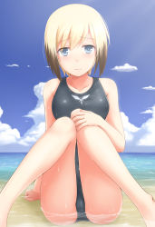 Rule 34 | 1girl, beach, black hair, blonde hair, blue eyes, blush, cloud, day, erica hartmann, highres, looking at viewer, multicolored hair, ocean, one-piece swimsuit, outdoors, partially submerged, ricegnat, sand, short hair, sitting, sky, solo, strike witches, swimsuit, two-tone hair, wading, water, wet, world witches series