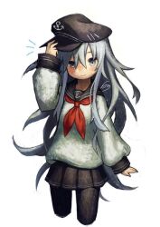 Rule 34 | 1girl, black hat, black pantyhose, black sailor collar, black skirt, blush, closed mouth, commentary request, cowboy shot, flat cap, flat chest, grey eyes, grey hair, hair between eyes, hat, hat tip, hibiki (kancolle), htm (gixig), kantai collection, long hair, long sleeves, looking at viewer, miniskirt, neckerchief, notice lines, pantyhose, red neckerchief, sailor collar, school uniform, serafuku, shirt, simple background, skirt, smile, solo, white background, white shirt