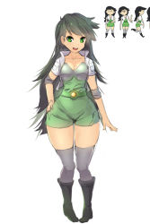Rule 34 | 1girl, beth tezuka, black hair, boots, bravest warriors, breasts, cleavage, cropped jacket, elbow pads, green eyes, grey thighhighs, hand on own hip, long hair, magister, pigeon-toed, shorts, smile, solo, tezuka beth, thighhighs, thighs, very long hair, wide hips