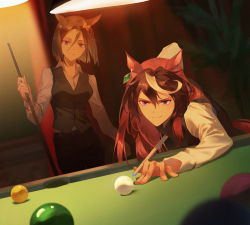 Rule 34 | 2girls, air groove (umamusume), animal ears, ball, billiard ball, black pants, brown hair, ceiling light, closed mouth, collared shirt, cue stick, earrings, horse ears, horse girl, horse tail, indoors, jewelry, leaning forward, long hair, multicolored hair, multiple girls, ombre, pants, plant, pool table, potted plant, shirt, short hair, single earring, smile, standing, streaked hair, symboli rudolf (umamusume), table, tail, umamusume, vest, white shirt