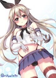 Rule 34 | 10s, 1girl, anchor, blonde hair, blue eyes, blush, crop top, crop top overhang, gloves, hair ornament, hairband, kantai collection, long hair, microskirt, midriff, navel, panties, pantyshot, riichu, sailor collar, shimakaze (kancolle), skirt, solo, striped clothes, striped thighhighs, thighhighs, underwear
