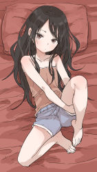 Rule 34 | 1girl, absurdres, bare shoulders, barefoot, bed sheet, black hair, blue shorts, brown eyes, closed mouth, collarbone, copyright request, full body, highres, legs, long hair, looking at viewer, lying, on back, pillow, red shirt, shirt, shorts, sleeveless, sleeveless shirt, solo, yamamoto souichirou