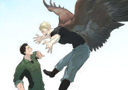 Rule 34 | 2boys, ao isami, black hair, blonde hair, couple, denim, facial hair, feathered wings, from side, imminent hug, jeans, lewis smith, male focus, monsterification, multiple boys, nobuko28 28, pants, profile, sideburns stubble, stubble, surprise hug, surprised, thick eyebrows, unfinished, wings, yaoi, yuuki bakuhatsu bang bravern