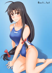 Rule 34 | 1girl, ahoge, anti (untea9), barefoot, black hair, blue background, blue one-piece swimsuit, brown eyes, commentary request, competition swimsuit, gradient background, highres, kantai collection, long hair, looking at viewer, low-tied long hair, one-piece swimsuit, shouhou (kancolle), sitting, smile, solo, swimsuit, twitter username, yokozuwari