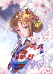 Rule 34 | 1girl, absurdres, alternate hairstyle, animal ears, arms at sides, blue eyes, blurry, blurry foreground, blush, breasts, brown hair, cherry blossoms, closed mouth, falling petals, floral print, grass wonder (umamusume), hair bun, hair ornament, haori, highres, horse ears, japanese clothes, kimono, long hair, looking at viewer, obi, petals, sash, small breasts, smile, solo, umamusume, upper body, white kimono, yomean!, yukata