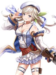 Rule 34 | 1girl, aqua (popogori), blue eyes, breasts, cleavage, cowboy shot, cucouroux (granblue fantasy), floating hair, granblue fantasy, grin, hat, holding, layered skirt, long hair, medium breasts, miniskirt, sideboob, silver hair, simple background, skirt, smile, solo, standing, thigh strap, w, white background, white hat, white skirt