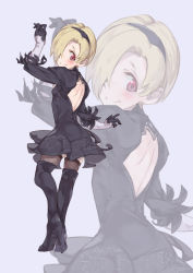 Rule 34 | 1girl, backless dress, backless outfit, black dress, black footwear, black gloves, black hairband, blonde hair, blush, boots, breasts, cosplay, dress, from behind, full body, geregere (lantern), gloves, grey background, grey thighhighs, hair over one eye, hairband, head tilt, high heel boots, high heels, highres, idolmaster, idolmaster cinderella girls, looking at viewer, looking back, nier:automata, nier (series), red eyes, shirasaka koume, short dress, short hair, simple background, small breasts, smile, solo, standing, thigh boots, thighhighs, thighhighs under boots, 2b (nier:automata) (cosplay), zoom layer