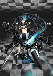 Rule 34 | 10s, 1girl, absurdres, bikini, bikini top only, black hair, black rock shooter, black rock shooter (character), blue eyes, boots, cannon, coat, front-tie top, glowing, glowing eyes, highres, huge weapon, i-la, long hair, motor vehicle, motorcycle, scar, solo, swimsuit, sword, twintails, vehicle, very long hair, weapon