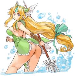 Rule 34 | 1girl, ass, blonde hair, blue eyes, breasts, dress, forehead jewel, green dress, green ribbon, hair ribbon, helmet, highres, holding, holding weapon, large breasts, long hair, low-tied long hair, panties, polearm, ribbon, riesz, sachito, seiken densetsu, seiken densetsu 3, short dress, simple background, solo, splashing, standing, strapless, strapless dress, underwear, very long hair, wading, water, weapon, white background, winged helmet