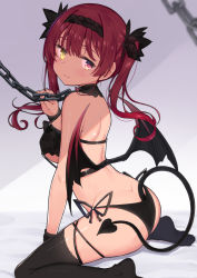 Rule 34 | 1girl, absurdres, bat wings, blush, breasts, chain, hair ribbon, heterochromia, highres, hololive, houshou marine, kaname (melaninusa09), large breasts, lingerie, long hair, looking at viewer, open mouth, red eyes, red hair, ribbon, smile, solo, twintails, underwear, virtual youtuber, wings, yellow eyes