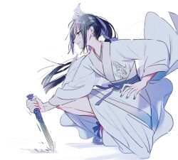 Rule 34 | 1girl, aqua eyes, aqua nails, black hair, blood, blood on face, blue ribbon, chinese clothes, dagger, fate/grand order, fate (series), flower, from side, full body, grin, hair flower, hair ornament, hair ribbon, hanfu, holding, holding dagger, holding knife, holding weapon, jing ke (fate), katagiri (mighty swing), knife, long sleeves, looking ahead, ribbon, sandals, sash, simple background, smile, solo, squatting, weapon, white background, white flower, wide sleeves
