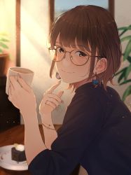 Rule 34 | 1girl, absurdres, bad id, bad pixiv id, blue shirt, blunt bangs, blurry, blurry background, blush, bracelet, brown eyes, brown hair, cake, cake slice, closed mouth, cup, earrings, elbows on table, food, glasses, hand up, highres, holding, holding cup, indoors, jewelry, light rays, long sleeves, looking at viewer, mole, mole under eye, mug, multicolored nails, nail polish, original, plant, saitou (lynx-shrike), shirt, short hair, sleeves rolled up, smile, solo, sunbeam, sunlight, turtleneck, upper body, yellow-framed eyewear