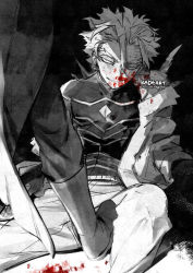 Rule 34 | 2boys, belt, black background, black pants, blood, blood on clothes, blood on face, blood on ground, boku no hero academia, boots, clenched teeth, coat, costume, dabi (boku no hero academia), ear piercing, earrings, facial hair, facial mark, feathered wings, feet out of frame, fur-trimmed jacket, fur trim, gloves, goatee, greyscale, hawks (boku no hero academia), jacket, jacket partially removed, jewelry, kadeart, knee boots, knee up, looking at another, male focus, monochrome, multiple boys, narrowed eyes, on ground, out of frame, pants, piercing, shadow, shirt, short hair, simple background, sitting, skin tight, spot color, spread legs, stepped on, stubble, stud earrings, sweat, teeth, tight clothes, tight shirt, toned, toned male, torn clothes, torn jacket, trench coat, turtleneck, twitter username, wings