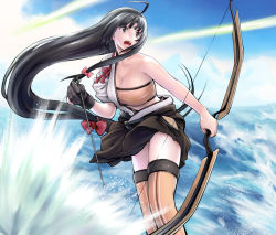 Rule 34 | &gt;:o, 10s, 1girl, :o, ahoge, arrow (projectile), bandeau, black gloves, black hair, blue sky, bow (weapon), breasts, brown eyes, cleavage, day, double vertical stripe, female focus, fingerless gloves, gloves, japanese clothes, kantai collection, large breasts, long hair, low-tied long hair, nujima, partially fingerless gloves, partly fingerless gloves, shouhou (kancolle), single glove, sky, solo, strapless, striped clothes, striped legwear, striped thighhighs, thighhighs, tube top, v-shaped eyebrows, vertical-striped clothes, vertical-striped legwear, vertical-striped thighhighs, very long hair, water, weapon, yugake