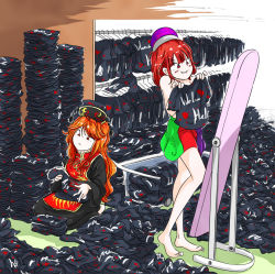 Rule 34 | 2girls, bare legs, barefoot, chinese clothes, clothes hanger, clothes rack, clothes writing, commentary request, frown, hat, hecatia lapislazuli, holding, holding clothes, holding shirt, junko (touhou), kneeling, long hair, miniskirt, mirror, multicolored clothes, multicolored skirt, multiple girls, orange hair, pile, red eyes, red hair, rochika gekijou, shirt, skirt, smile, striped clothes, striped skirt, t-shirt, too many, topless, touhou