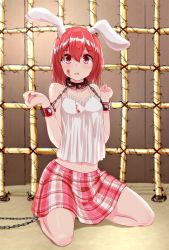 Rule 34 | 1girl, animal ears, bad id, bad twitter id, bare shoulders, bdsm, blood, bondage, bound, bound wrists, rabbit ears, chain, collar, cuffs, cuffs-to-collar, highres, kneeling, looking at viewer, midriff, minagiku, navel, on floor, open mouth, original, plaid, plaid skirt, red eyes, red hair, shackles, skirt, slave, solo
