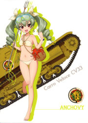 Rule 34 | 10s, 1girl, :d, absurdres, anchovy (girls und panzer), barefoot, bikini, breasts, carro veloce cv-33, character name, collarbone, curvy, diving mask, diving mask on head, drill hair, female focus, full body, girls und panzer, goggles, goggles on head, green hair, groin, hair between eyes, hair ribbon, highres, holding, holding weapon, jumping, leg up, long hair, looking at viewer, military, military vehicle, mole, mole under mouth, motor vehicle, navel, official art, open mouth, polka dot, polka dot bikini, red eyes, ribbon, shiny skin, side-tie bikini bottom, simple background, small breasts, smile, solo, standing, standing on one leg, swimsuit, tank, twin drills, twintails, weapon, white background, white bikini, white ribbon, wide hips
