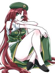 Rule 34 | 1girl, bare legs, beret, braid, china dress, chinese clothes, dress, flats, green eyes, hat, hat ornament, highres, hong meiling, kae (hyugafire), long hair, one-hour drawing challenge, puffy short sleeves, puffy sleeves, red hair, short sleeves, smile, star (symbol), star hat ornament, touhou, twin braids