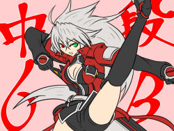 Rule 34 | 1girl, blazblue, boots, breasts, cleavage, coat, genderswap, genderswap (mtf), gloves, high heel boots, high heels, multicolored eyes, ragna the bloodedge, red coat, shorts, thigh boots, thighhighs, white hair