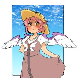 Rule 34 | 1girl, :o, adapted costume, animal ears, bird ears, bird wings, blush, brooch, brown eyes, cowboy shot, day, dress, from below, hat, ini (inunabe00), jewelry, looking at viewer, mystia lorelei, outside border, pink hair, short hair, skirt hold, sky, solo, straw hat, touhou, wings