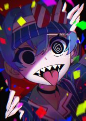 Rule 34 | 1girl, @ @, absurdres, black choker, black eyes, blue hair, blue shirt, bow, choker, commentary, diagonal-striped bow, english text, hatsune miku, highres, looking at viewer, mesmerizer (vocaloid), open mouth, portrait, puffy short sleeves, puffy sleeves, sharp teeth, shirt, short sleeves, smile, solo, striped clothes, striped shirt, teeth, tomya, tongue, tongue out, vertical-striped clothes, vertical-striped shirt, visor cap, vocaloid