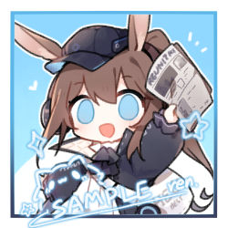 Rule 34 | 1girl, :d, amiya (arknights), amiya (newsgirl) (arknights), animal ears, arknights, arm up, artist name, ascot, black ascot, black jacket, blue background, blue eyes, blue hat, border, brown hair, chibi, hat, heart, holding, holding newspaper, jacket, long hair, looking at viewer, mailbag, newspaper, notice lines, official alternate costume, open clothes, open jacket, open mouth, ponytail, rabbit ears, rabbit girl, renren, sample watermark, shirt, simple background, smile, solo, sparkle, star (symbol), upper body, watermark, white bag, white border, white shirt