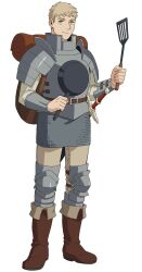 Rule 34 | 1boy, armor, backpack, bag, blonde hair, boots, brown bag, brown eyes, brown footwear, brown pants, dungeon meshi, full body, highres, holding, holding saucepan, holding spatula, laios touden, looking at viewer, male focus, official art, pants, pauldrons, plate armor, short hair, shoulder armor, simple background, solo, spatula, sword, tachi-e, transparent background, vambraces, weapon