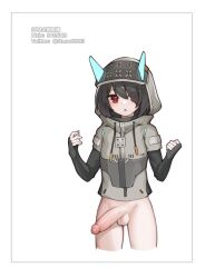 Rule 34 | 1boy, adjutant (snowbreak), black hair, bottomless, cropped legs, hood, hood up, male focus, penis, pixiv id, red eyes, snowbreak: containment zone, solo, stmast, tagme, testicles, twitter username, uncensored, white background