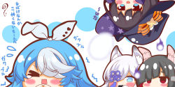 Rule 34 | &gt; &lt;, 4girls, :d, absurdres, animal ear fluff, animal ears, azur lane, black hair, black headwear, blue eyes, blue hair, blush, bow, character request, chibi, closed eyes, empty eyes, eyebrows hidden by hair, grey ribbon, hair over one eye, hair ribbon, hat, hat bow, highres, kasumi (azur lane), kurukurumagical, long island (long island&#039;s spooky stream) (azur lane), maille-breze (azur lane), multicolored hair, multiple girls, official alternate costume, open mouth, orange bow, rabbit ears, red eyes, ribbon, short eyebrows, silver hair, smile, star (symbol), star print, striped, striped bow, tears, thick eyebrows, translation request, trembling, two-tone hair, wavy mouth, witch hat