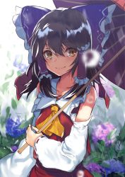 Rule 34 | 1girl, ascot, asuzemu, bare shoulders, black hair, blurry, bow, brown eyes, commentary request, depth of field, detached sleeves, flower, hair between eyes, hair bow, hair tubes, hakurei reimu, highres, holding, holding umbrella, hydrangea, japanese clothes, large bow, long hair, looking at viewer, miko, neckerchief, oil-paper umbrella, outdoors, rain, red bow, red skirt, ribbon, ribbon-trimmed sleeves, ribbon trim, skirt, skirt set, smile, solo, standing, touhou, umbrella, wide sleeves, yellow neckerchief