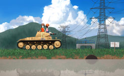 Rule 34 | 10s, 2girls, aged down, artist request, brown eyes, brown hair, caterpillar tracks, cloud, day, eating, food, girls und panzer, grass, military, military vehicle, motor vehicle, mountain, multiple girls, nishizumi maho, nishizumi miho, pants, panzer ii, panzer ii, popsicle, river, shirt, shoes, short hair, sky, smile, tank, tank top, water